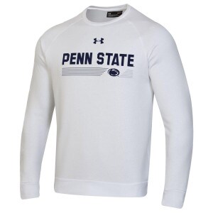 white Under Armour crew sweatshirt with Penn State, stripes, and Athletic Logo